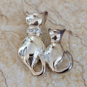 Vintage Mother Cat Kitten Silver Tone Rhinestone Collar Signed AAI Brooch Pin